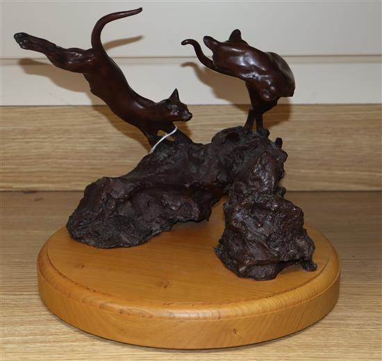 Marcus Cornish (Modern British). A bronze of two cats, on oak plinth height 28cm